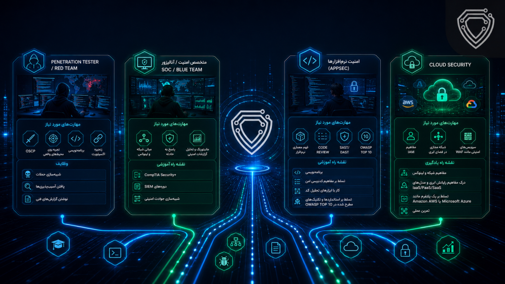 نقشه راه موقعیتهای شغلی امنیت سایبری شامل تست نفوذ، Red Team، SOC Analyst، Blue Team، امنیت نرمافزار (AppSec) و Cloud Security