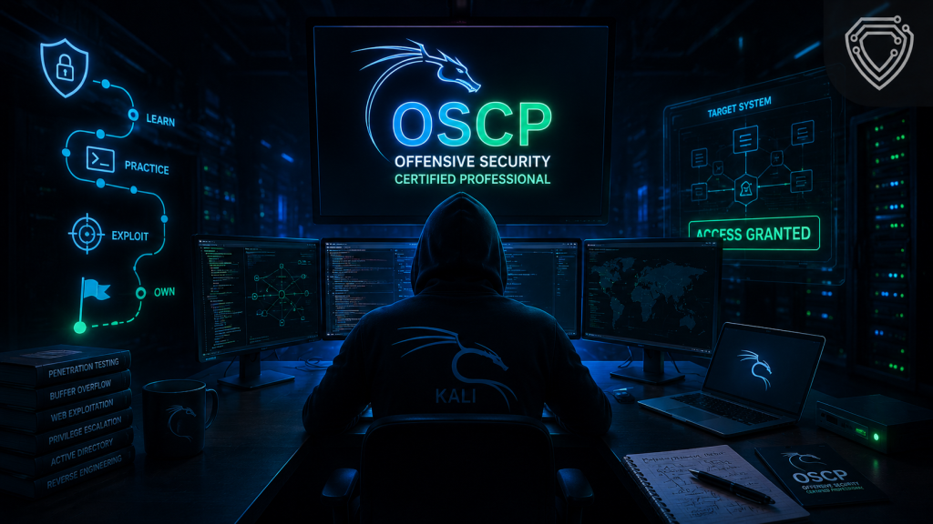 نمایی از مسیر حرفهای دریافت مدرک OSCP شامل تست نفوذ پیشرفته، هک اخلاقی، تمرین عملی و شبیهسازی حملات سایبری در محیط واقعی