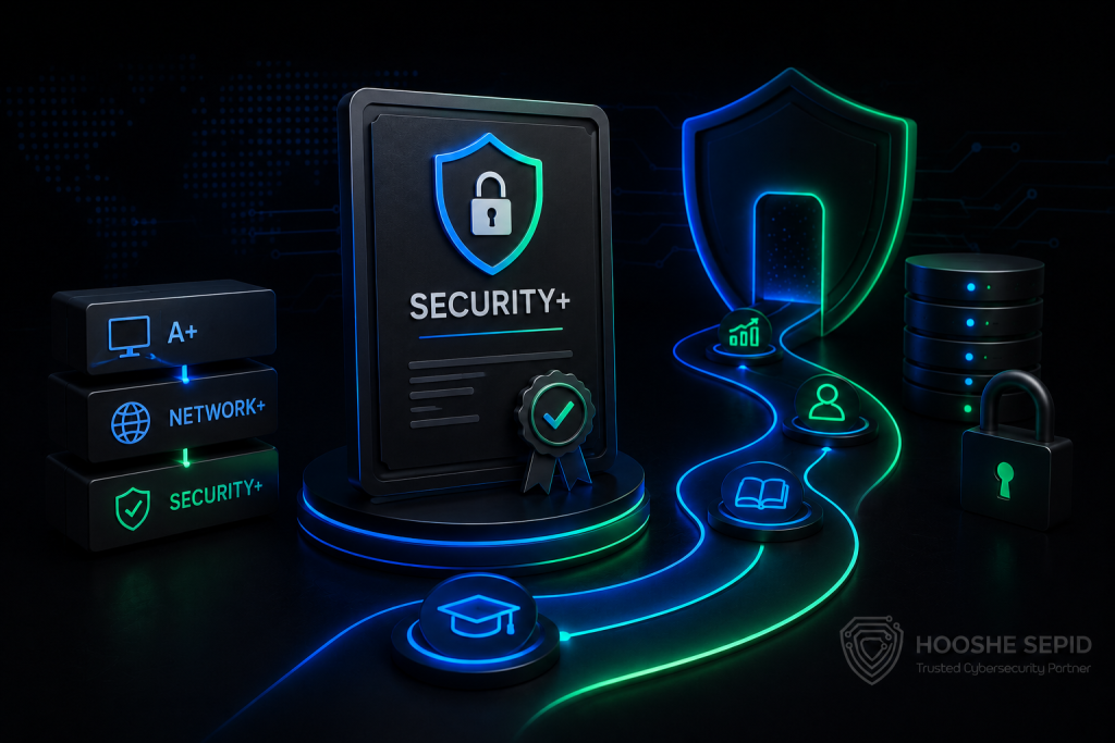 تصویر مفهومی از گواهینامه CompTIA Security plus که پیش نیاز های A plus و Network plus برای آ« مشخص شده اند و دانشجو می تواند پس از طی کردن آن وارد مسیر امنیت سایبری شود.