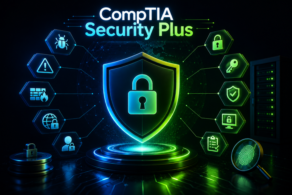 تصویر مفهومی از دوره CompTIA Security + که موارد تحت پوشش این دوره را با المان های گرافیکی نمایش می دهد
