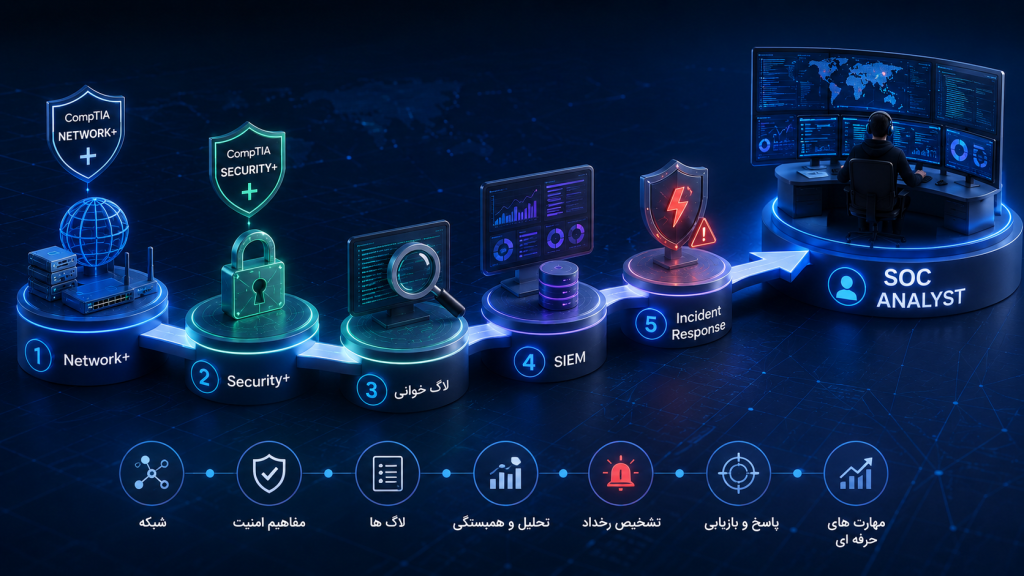 طرح مفهومی از مسیر Security Plus تا ورود به شغل SOC Analyst