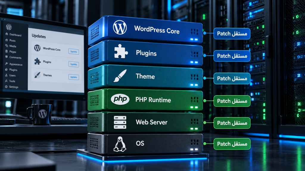 لایه های امنیتی WordPress شامل Core، Plugins، Theme، PHP Runtime، Web Server و OS با Patch مستقل